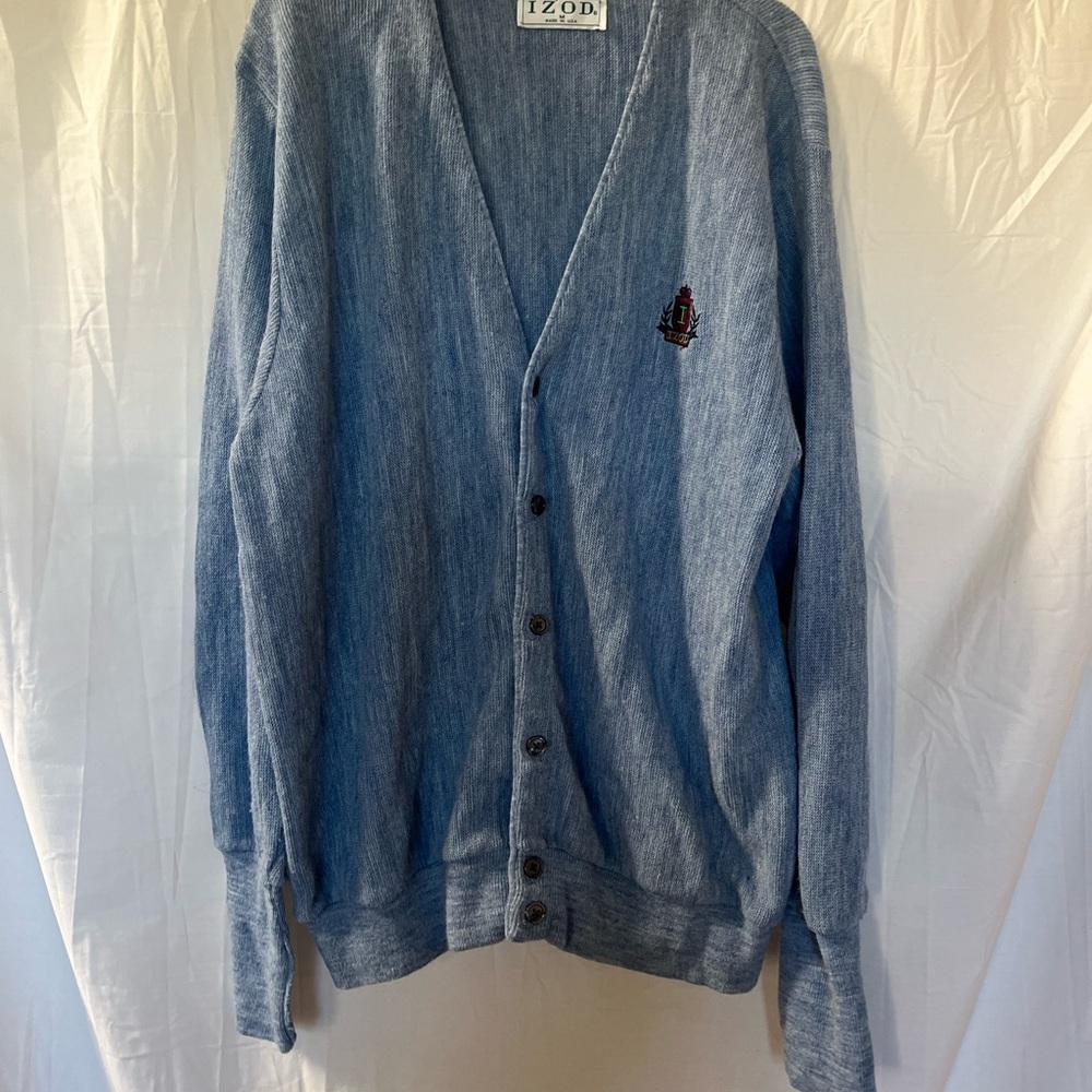 Izod Lacoste Cardigan Sweater Mens Sz L Large Vintage Made In USA Light Blue